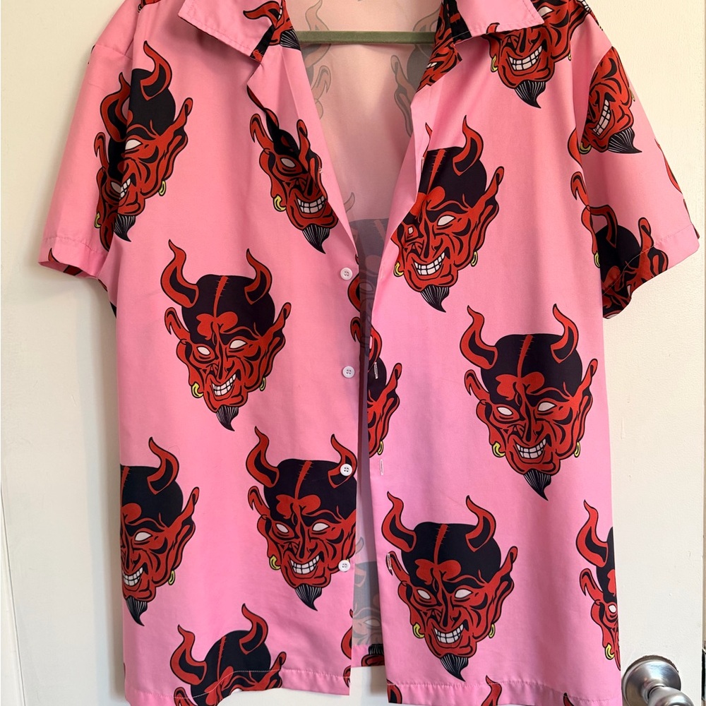 Aelfric Eden Pink Button-Down Shirt with Red & Black Demon Print